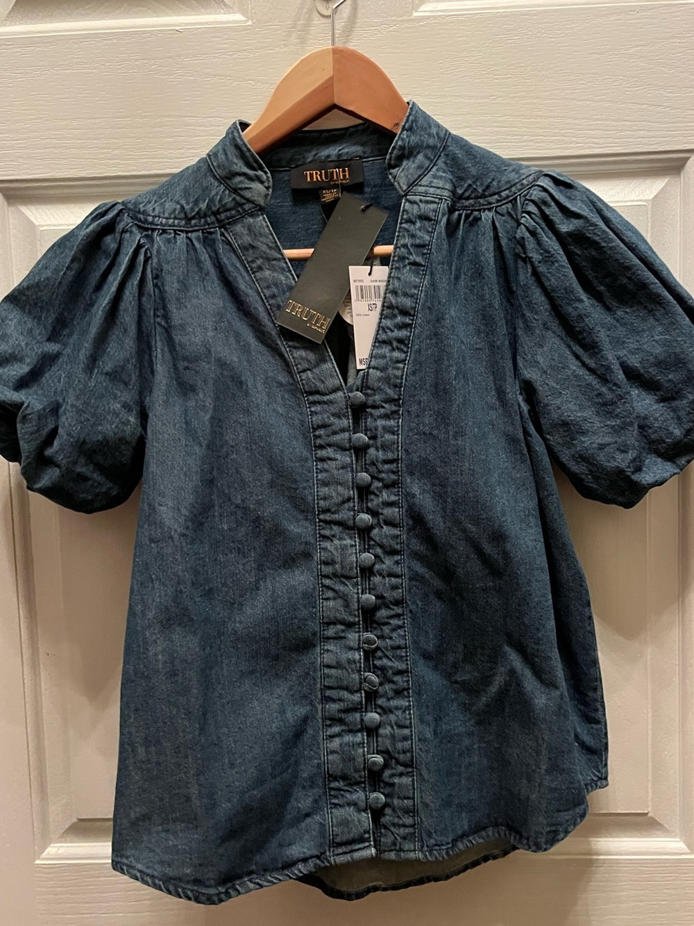 NWT Truth by Republic Dark Blue Denim Puff-Sleeve Button-Front Blouse- X-Small